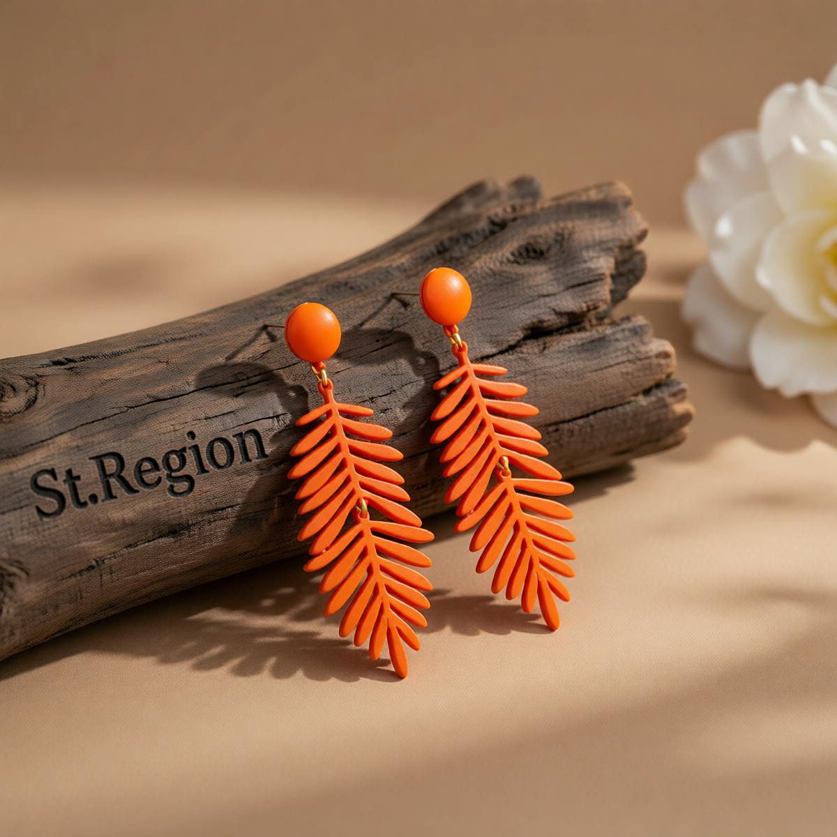Orange Enamel & Goldtone Leaves Drop Earrings