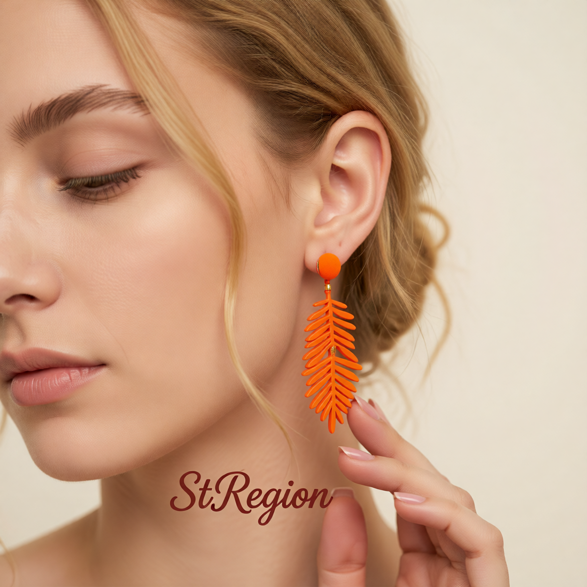 Orange Enamel & Goldtone Leaves Drop Earrings