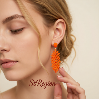 Orange Enamel & Goldtone Leaves Drop Earrings