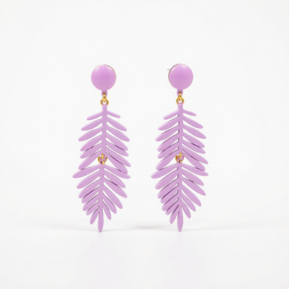 Purple Enamel & Goldtone Leaves Drop Earrings