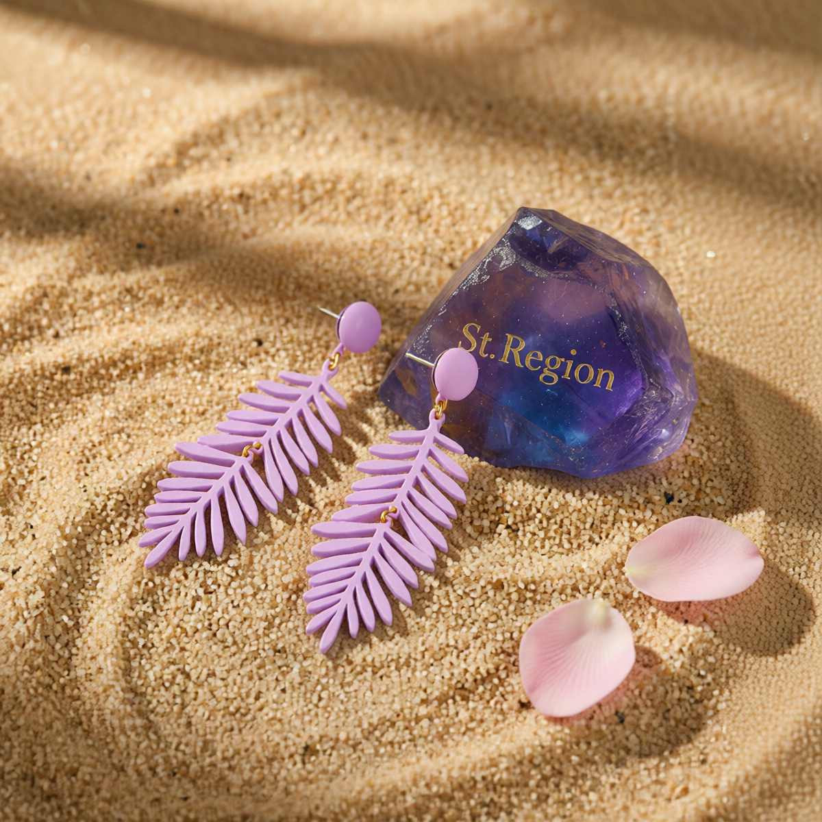 Purple Enamel & Goldtone Leaves Drop Earrings