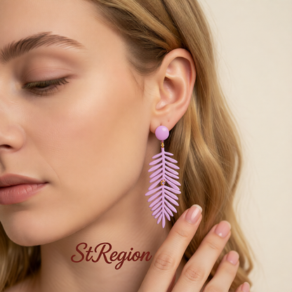 Purple Enamel & Goldtone Leaves Drop Earrings