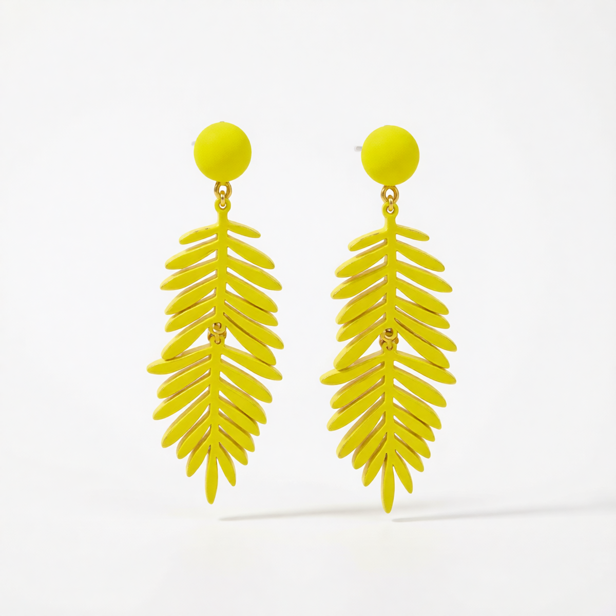 Yellow Enamel & Goldtone Leaves Drop Earrings