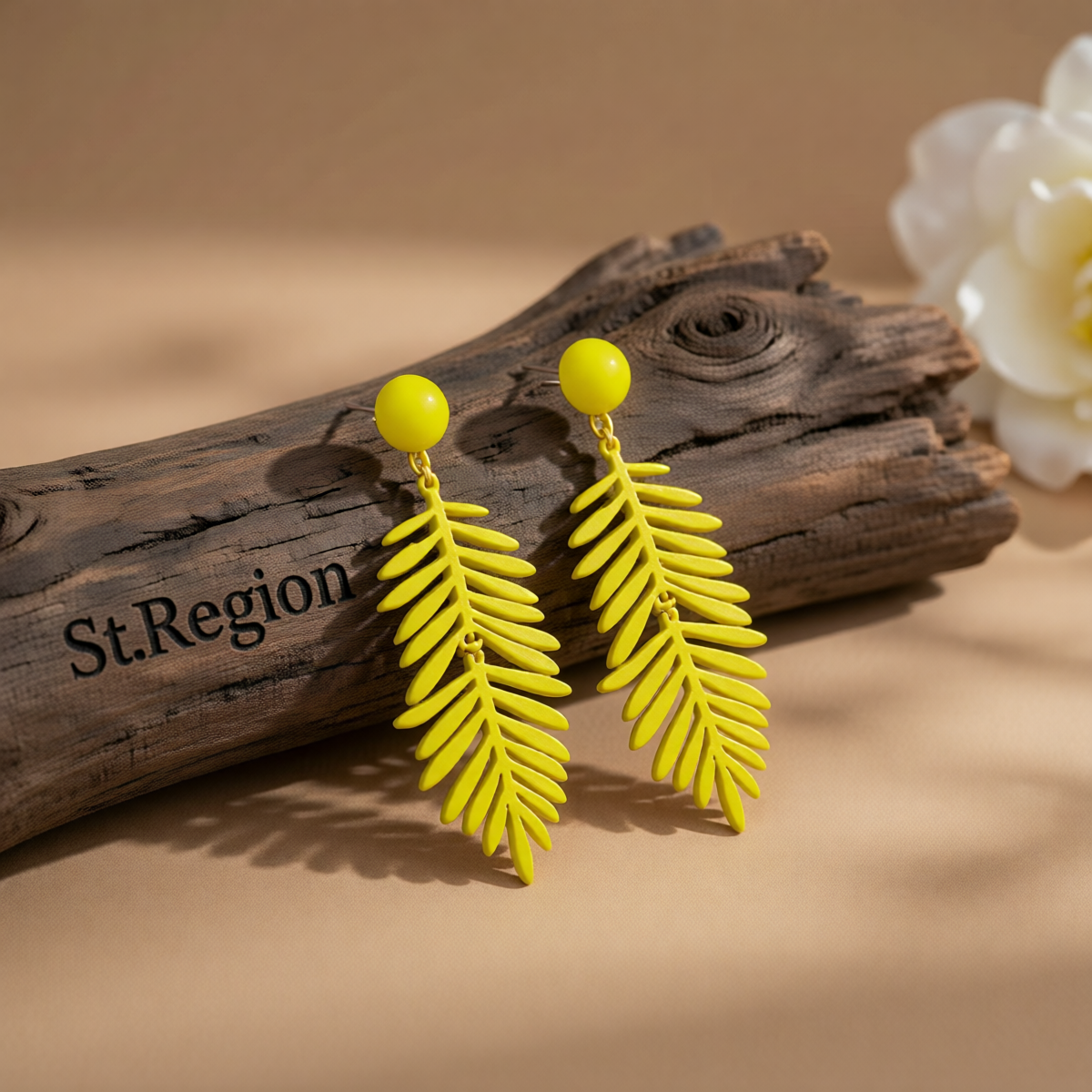Yellow Enamel & Goldtone Leaves Drop Earrings