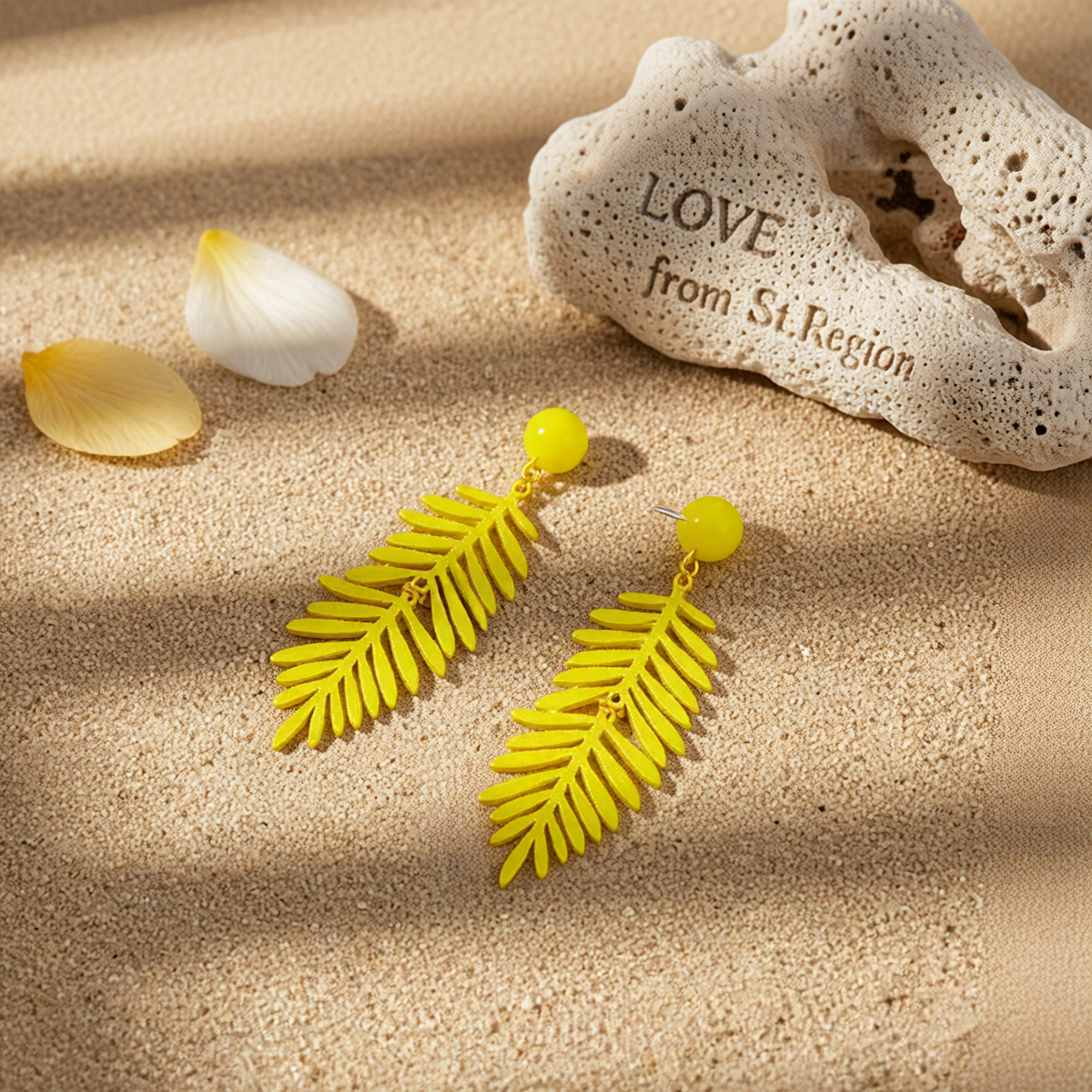Yellow Enamel & Goldtone Leaves Drop Earrings