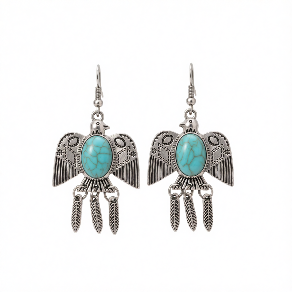 Blue Turquoise & Silvertone Swallow Drop Earrings