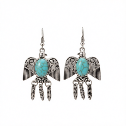 Blue Turquoise & Silvertone Swallow Drop Earrings