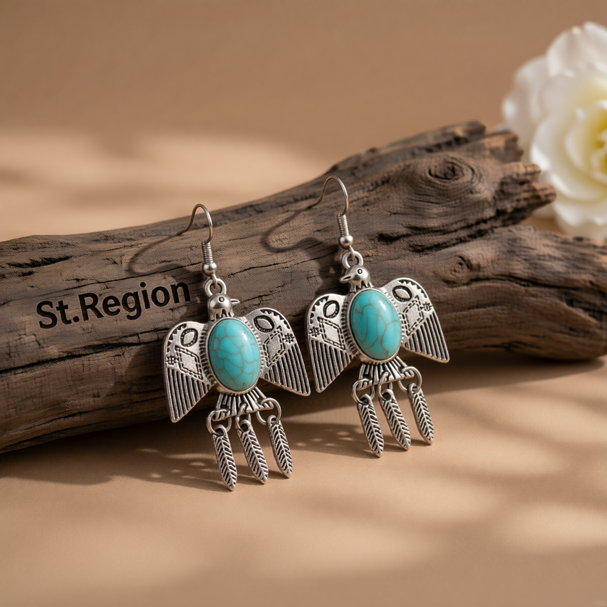 Blue Turquoise & Silvertone Swallow Drop Earrings