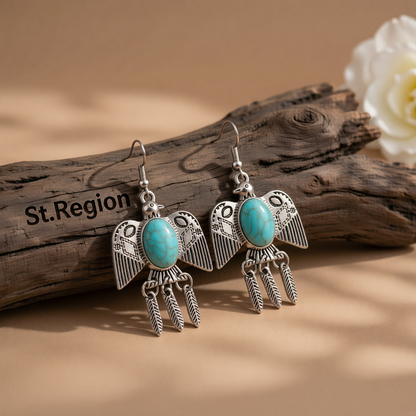 Blue Turquoise & Silvertone Swallow Drop Earrings