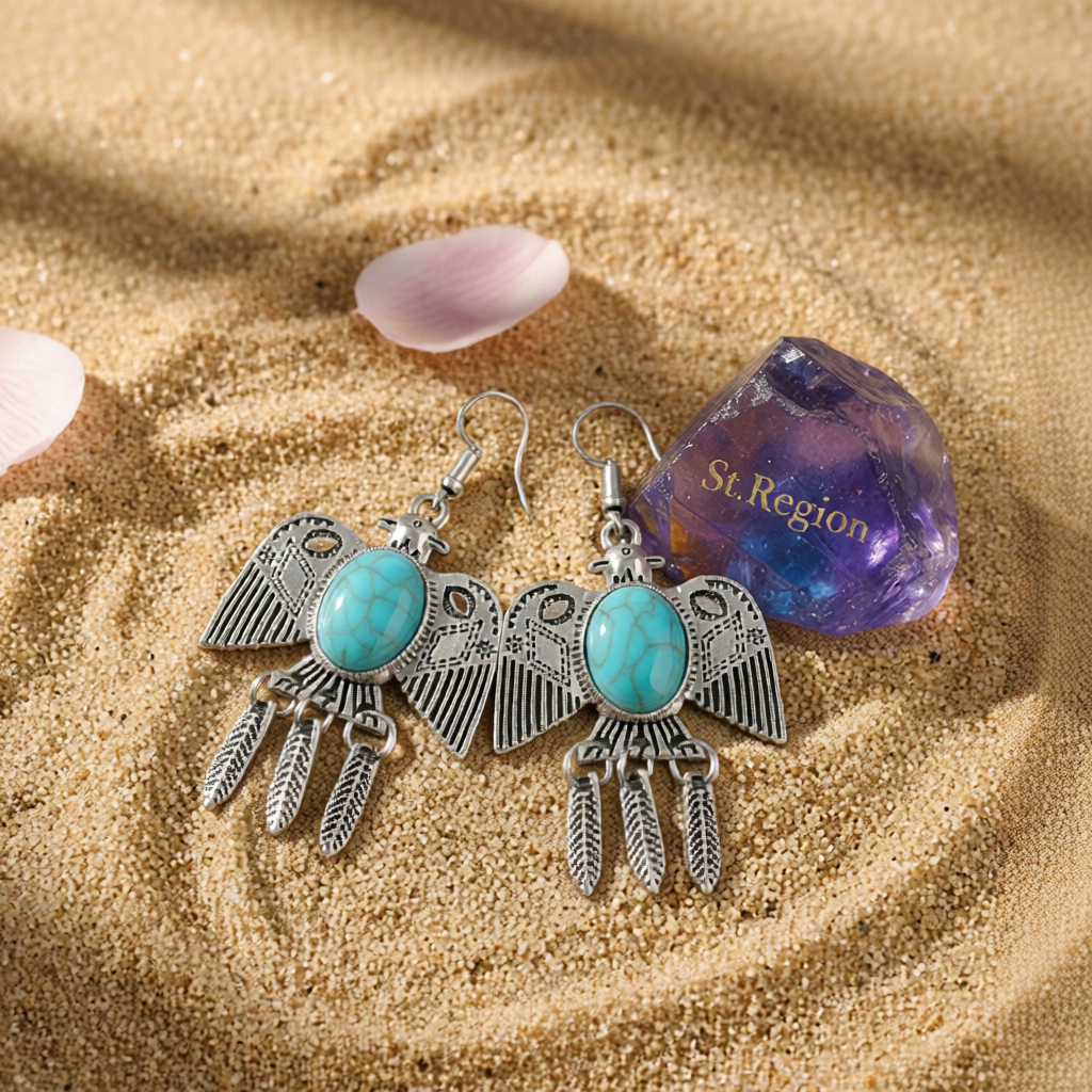 Blue Turquoise & Silvertone Swallow Drop Earrings