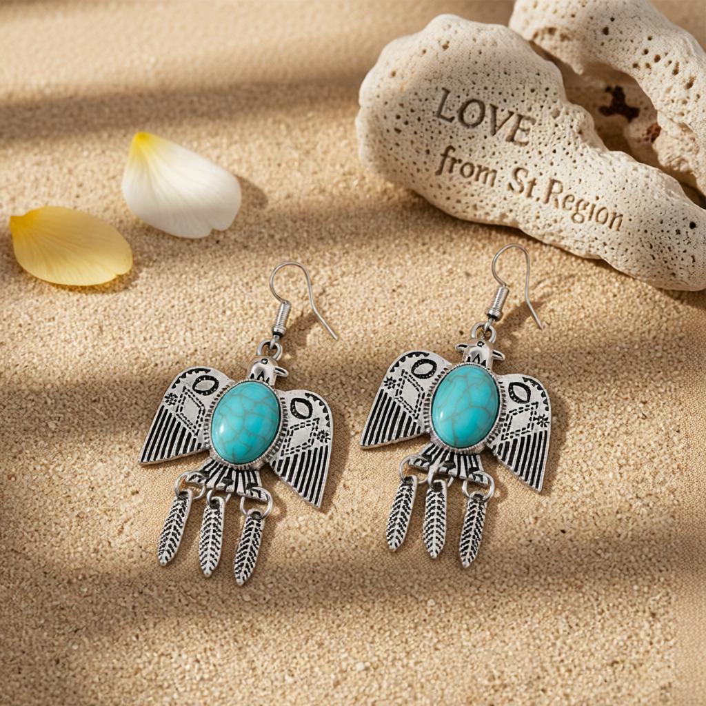 Blue Turquoise & Silvertone Swallow Drop Earrings
