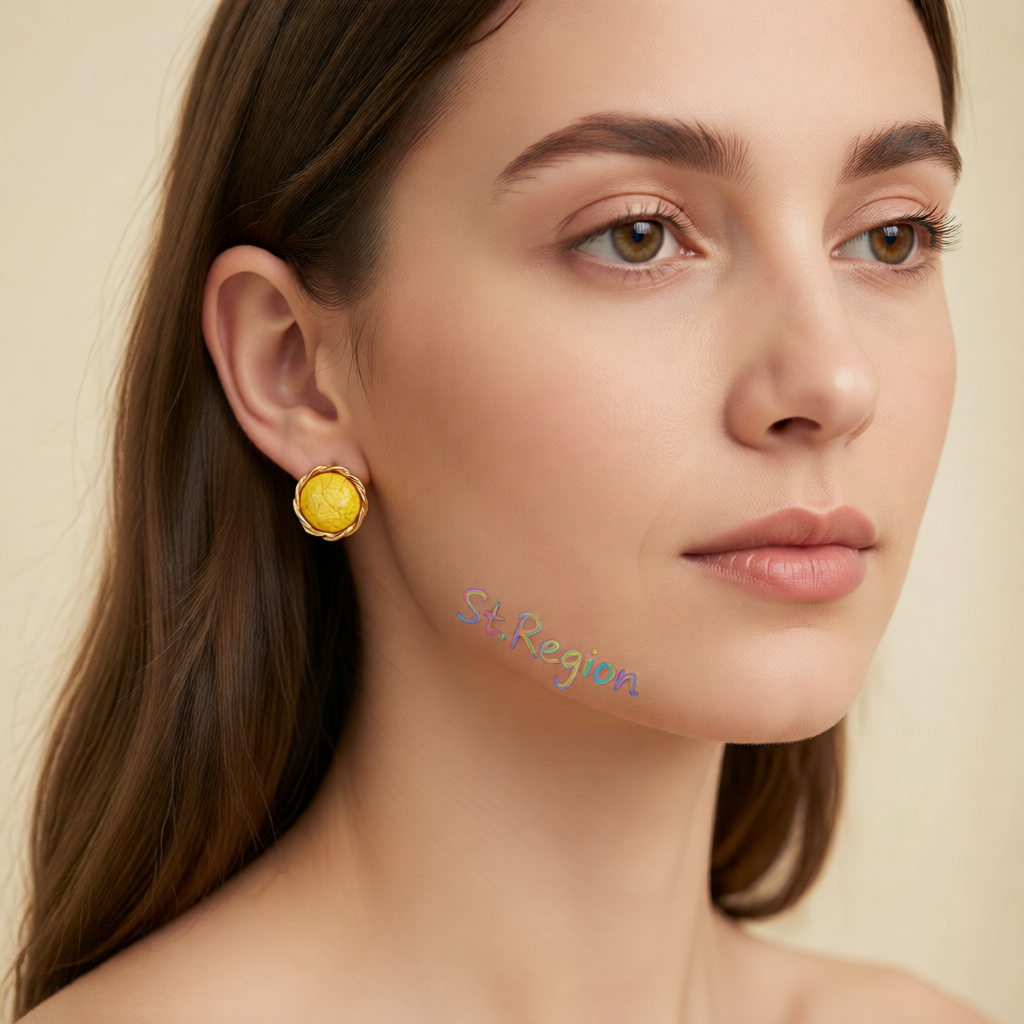 Yellow Resin & Goldtone Twisted-Trim Round Stud Earrings
