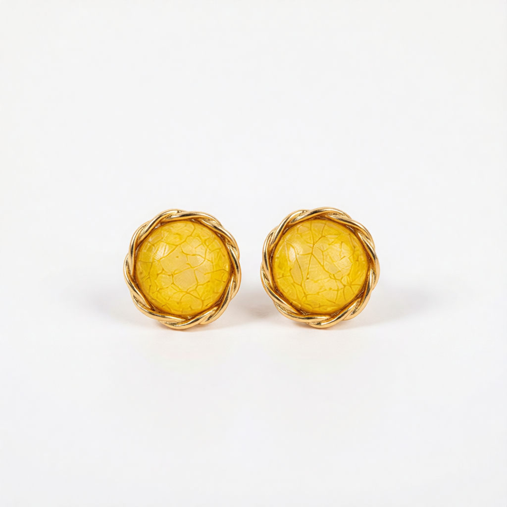 Yellow Resin & Goldtone Twisted-Trim Round Stud Earrings