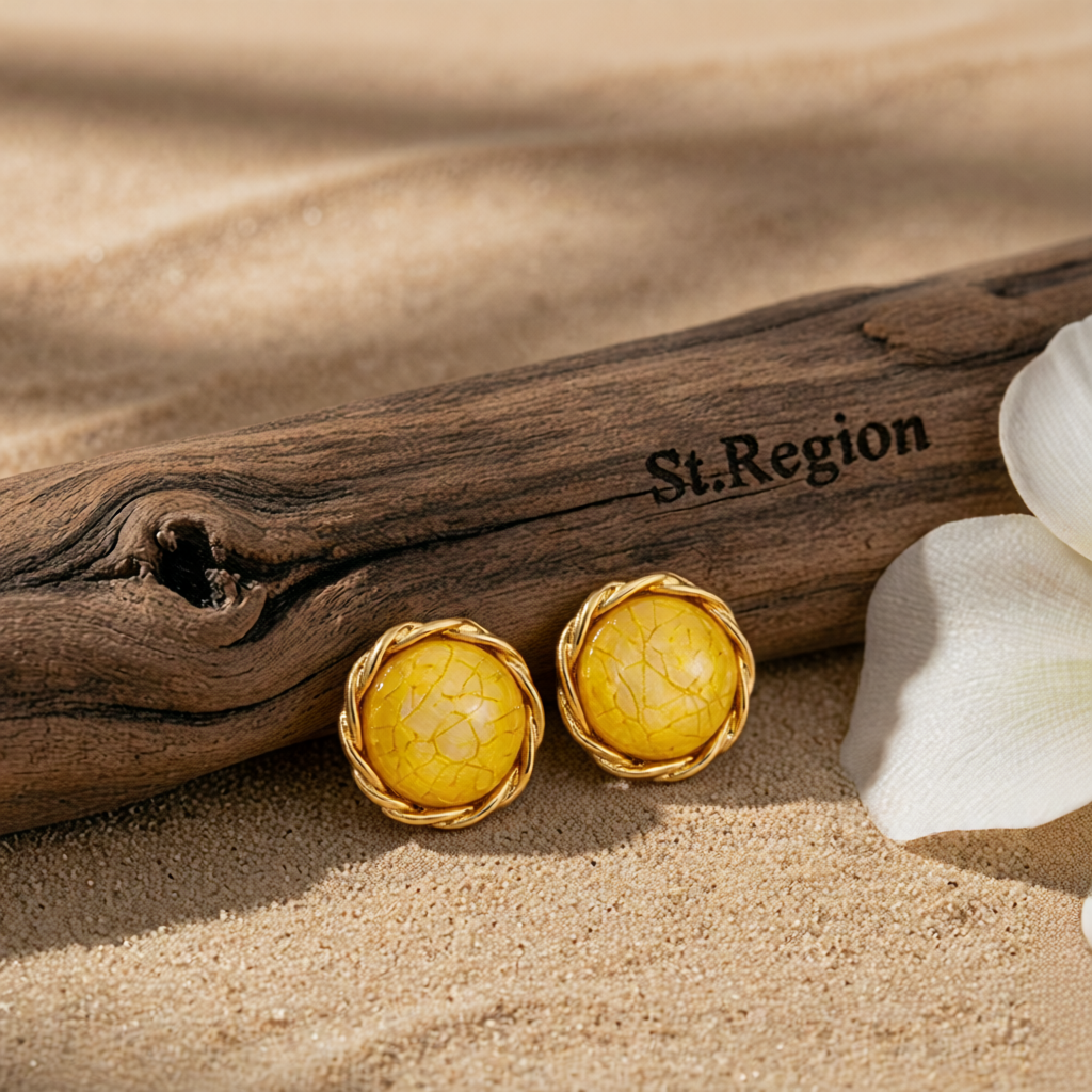 Yellow Resin & Goldtone Twisted-Trim Round Stud Earrings