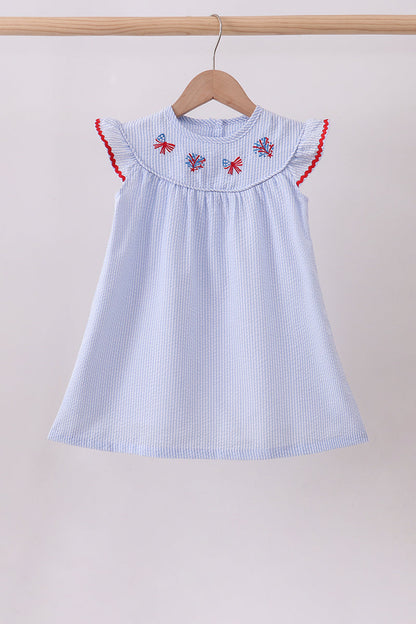 Blue stripe bow fireworks embroidery ruffle dress