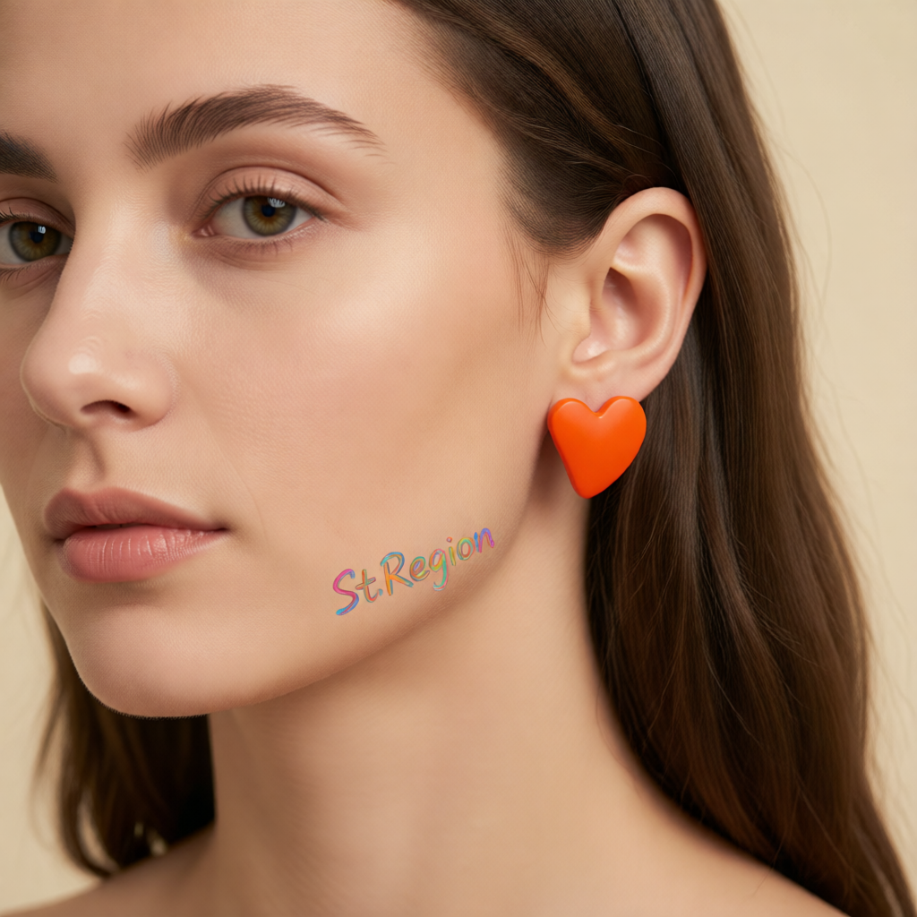 Orange Acrylic & Silvertone Heart Stud Earrings