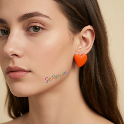 Orange Acrylic & Silvertone Heart Stud Earrings