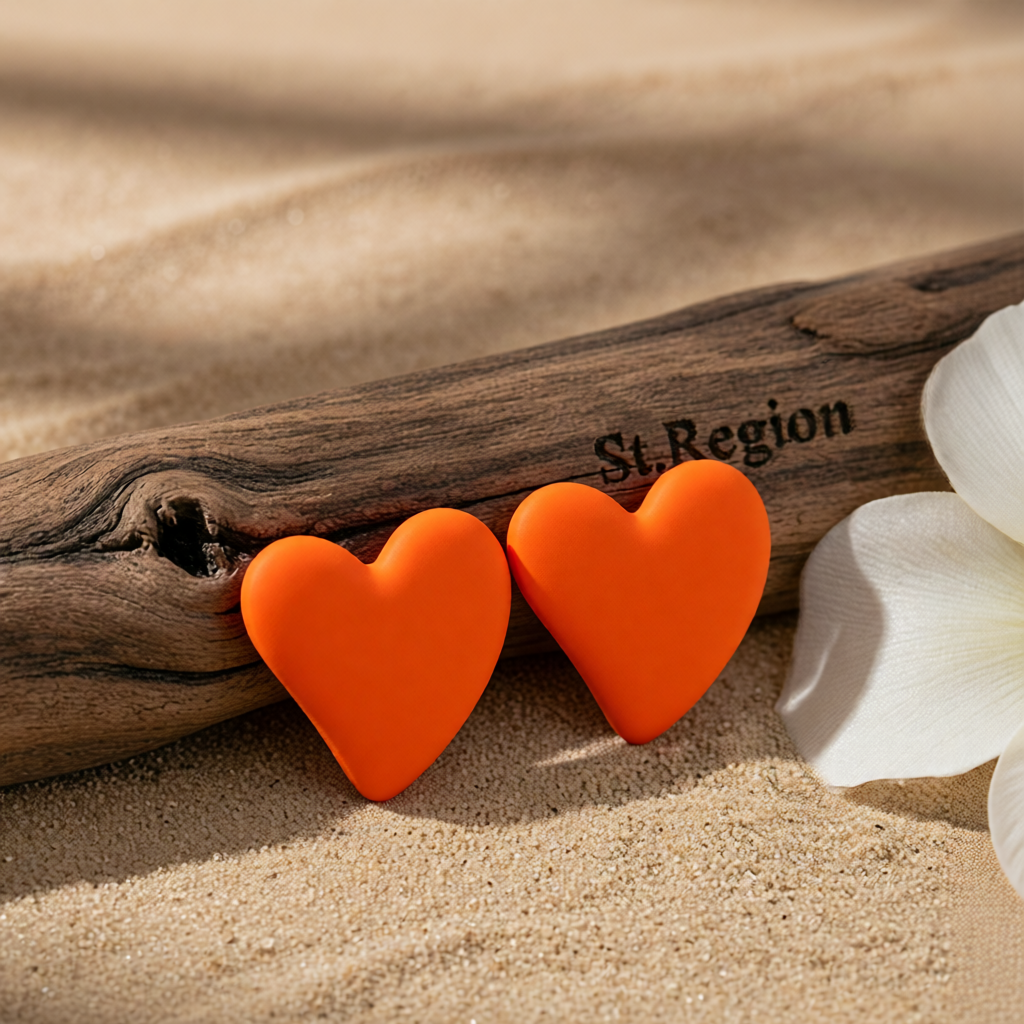 Orange Acrylic & Silvertone Heart Stud Earrings