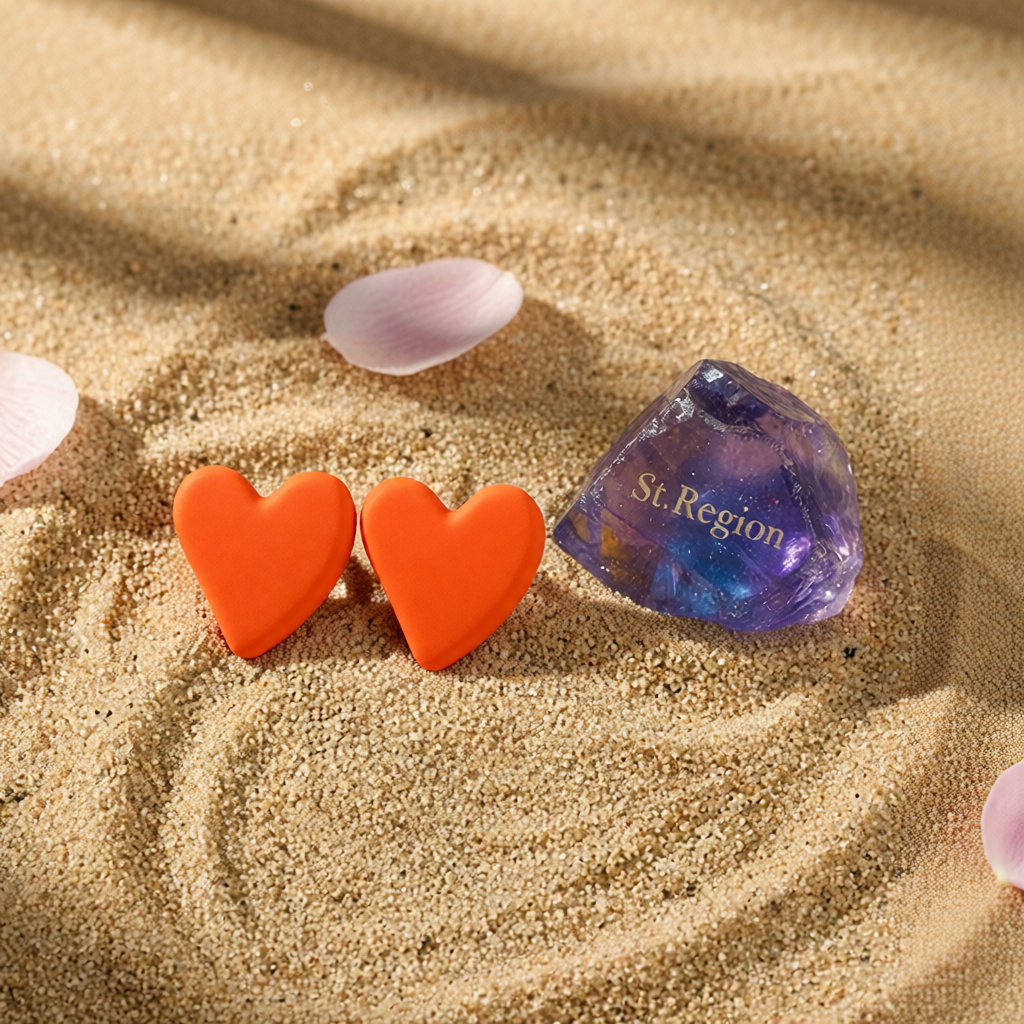 Orange Acrylic & Silvertone Heart Stud Earrings