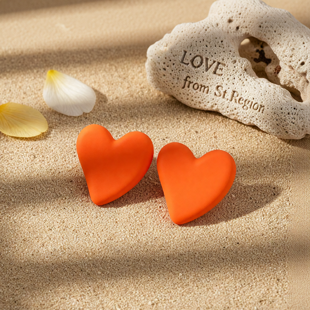 Orange Acrylic & Silvertone Heart Stud Earrings