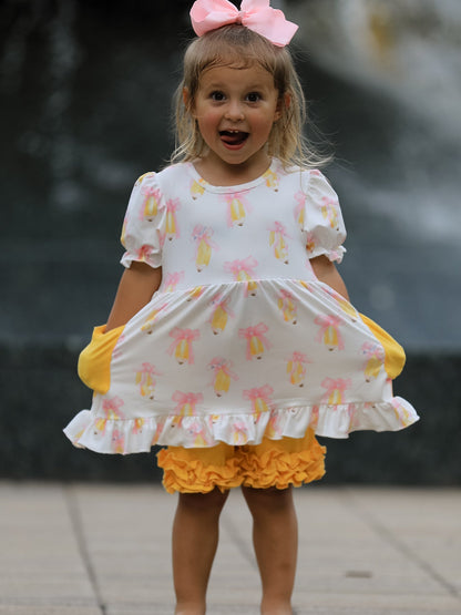 Girls Back To School Pencil Bow Pocket Ruffle Top Shorts Set