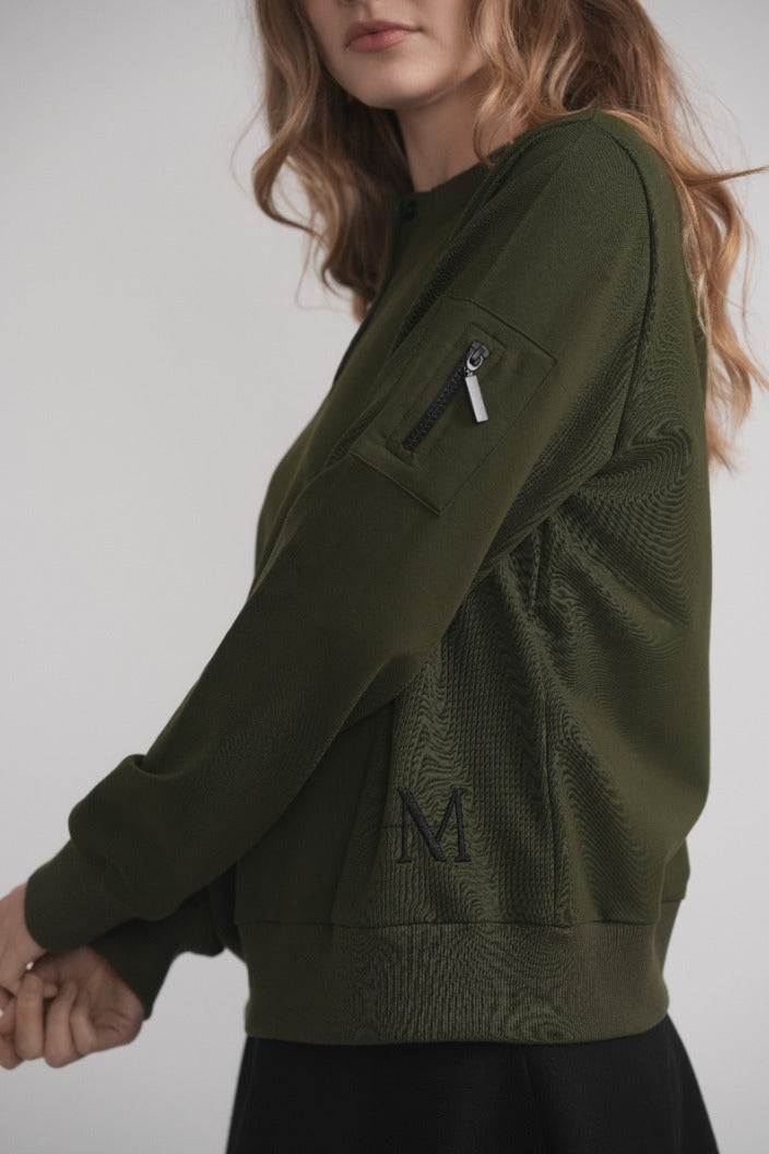 Dolman Sleeve Button Sweatshirt - Khaki