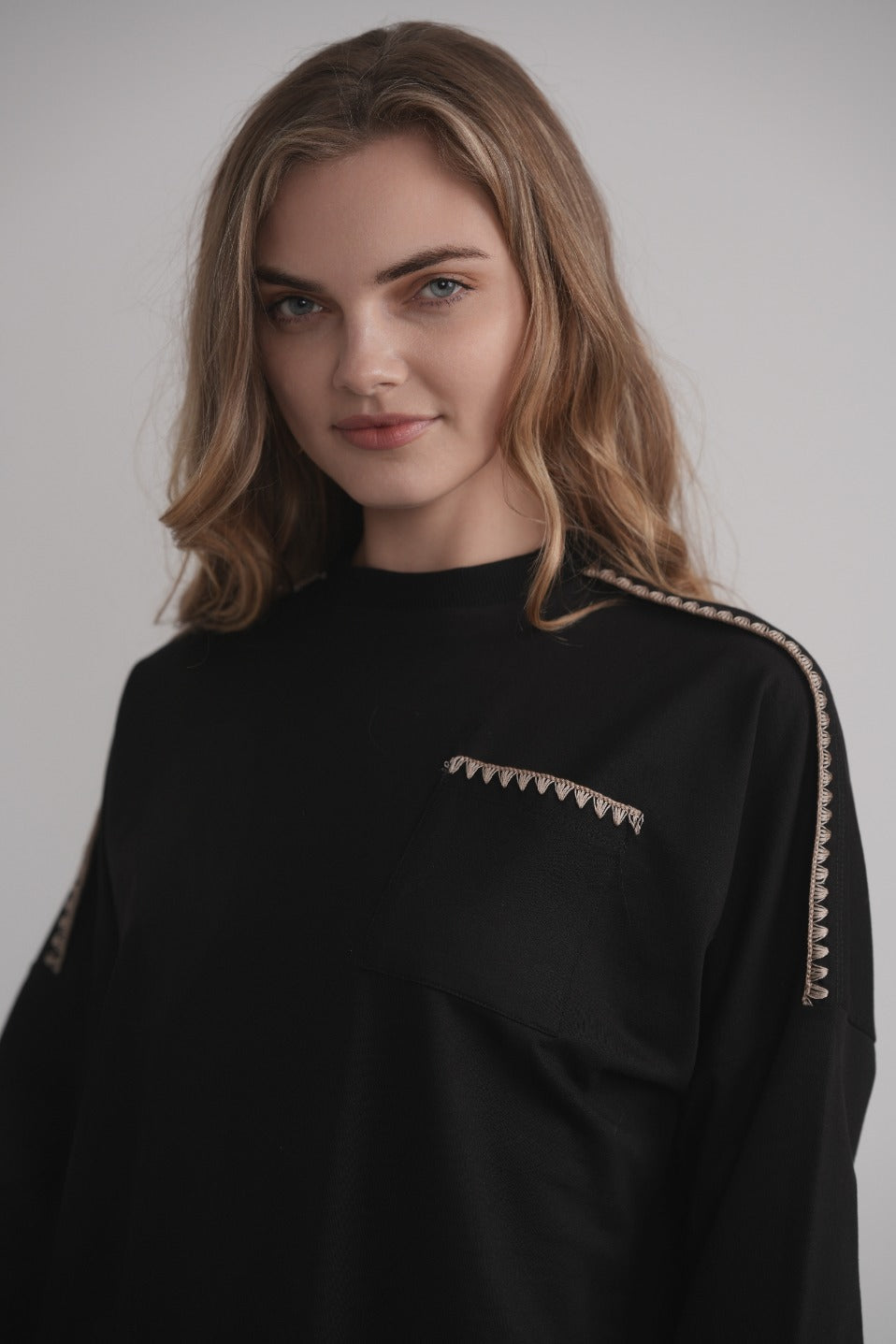 French Terry Sweatshirt with Blanket Stitch - Mocha