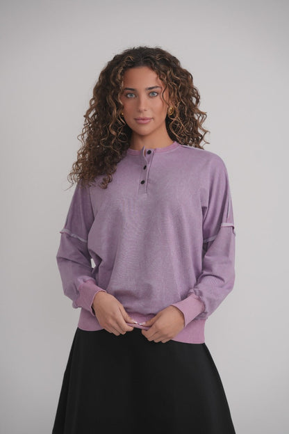 Acid Wash Sweatshirt With Buttons - Lavender