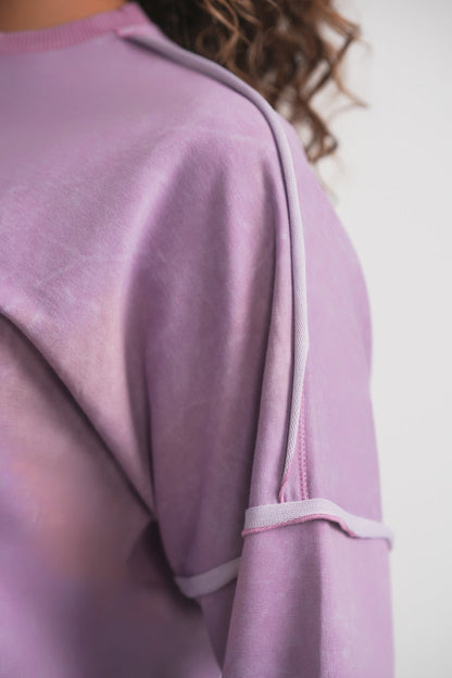 Acid Wash Sweatshirt With Buttons - Lavender
