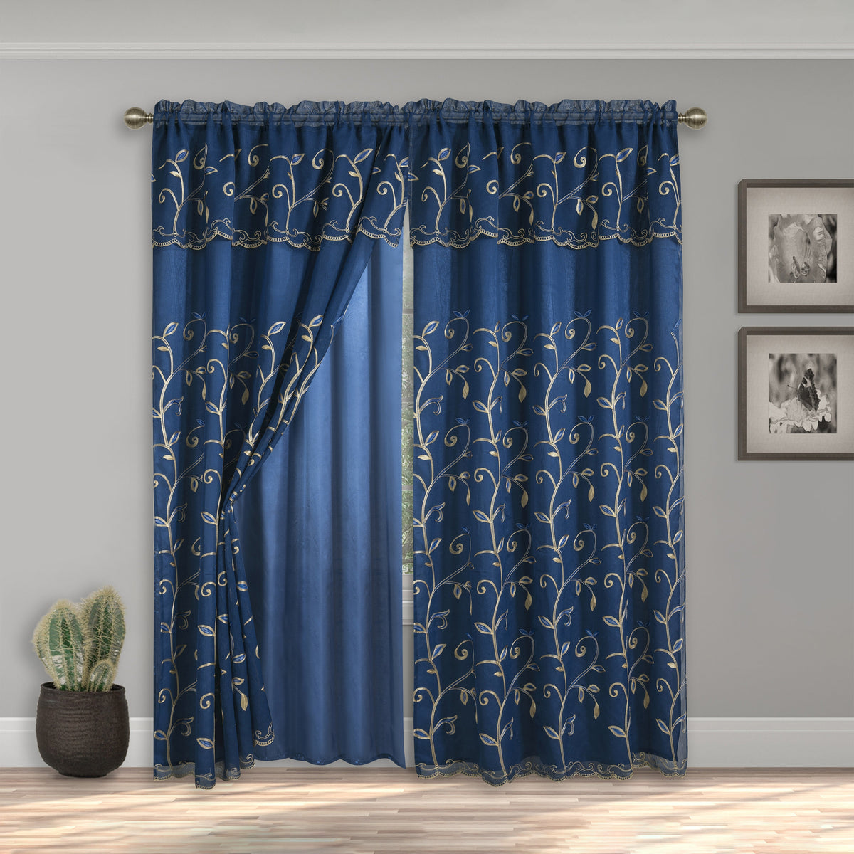 Elegant Comfort Set of 2 Lucia Curtain Panels - Attached Valance - 54" W x 84" L