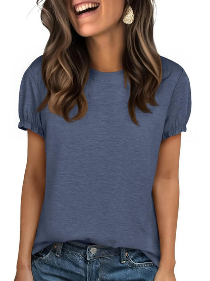 Women's Crew Neck Puff Sleeve Casual T-Shirt