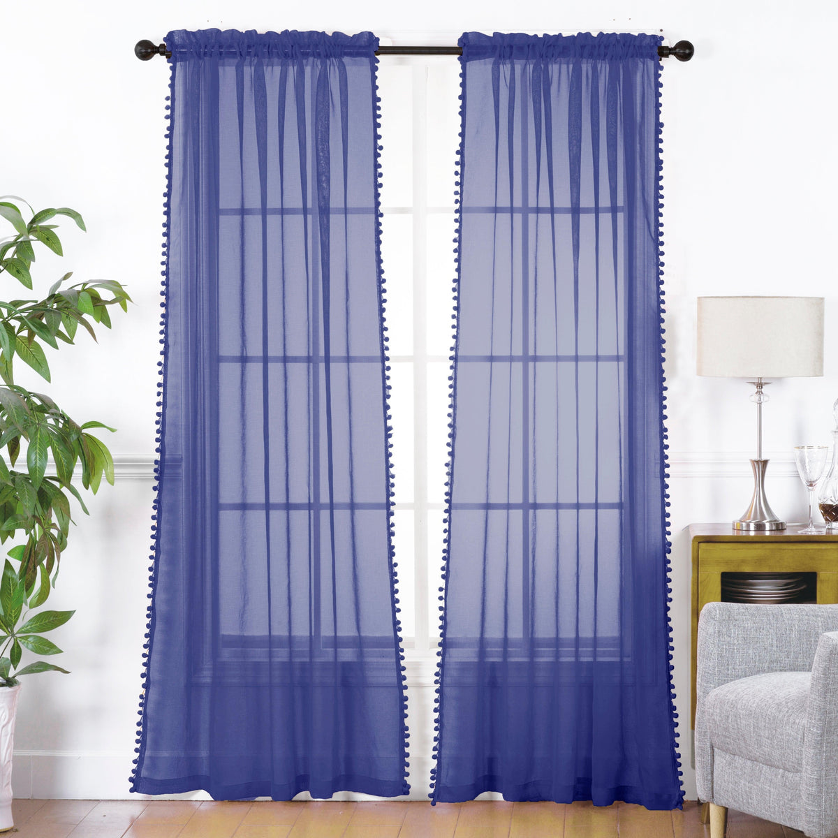 Elegant Comfort Set of 2 Pom Pom Tasseled Sheer Curtain - Rod Pocket