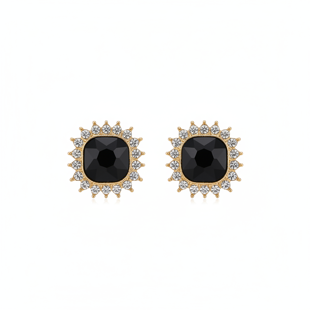 Black Crystal & Goldtone Square Halo Stud Earrings
