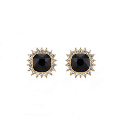 Black Crystal & Goldtone Square Halo Stud Earrings