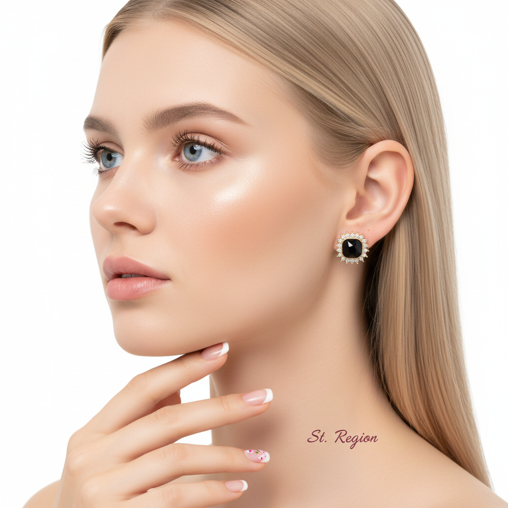 Black Crystal & Goldtone Square Halo Stud Earrings