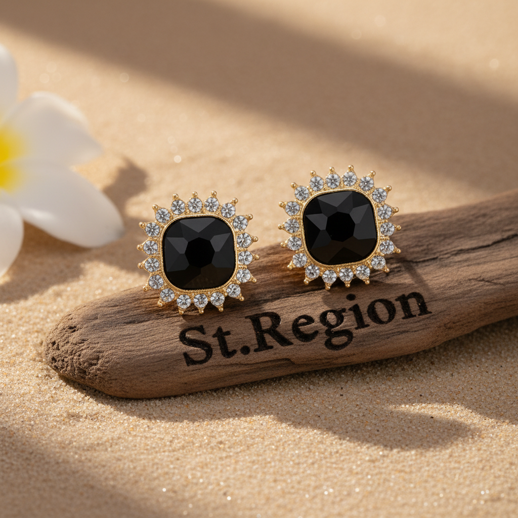 Black Crystal & Goldtone Square Halo Stud Earrings