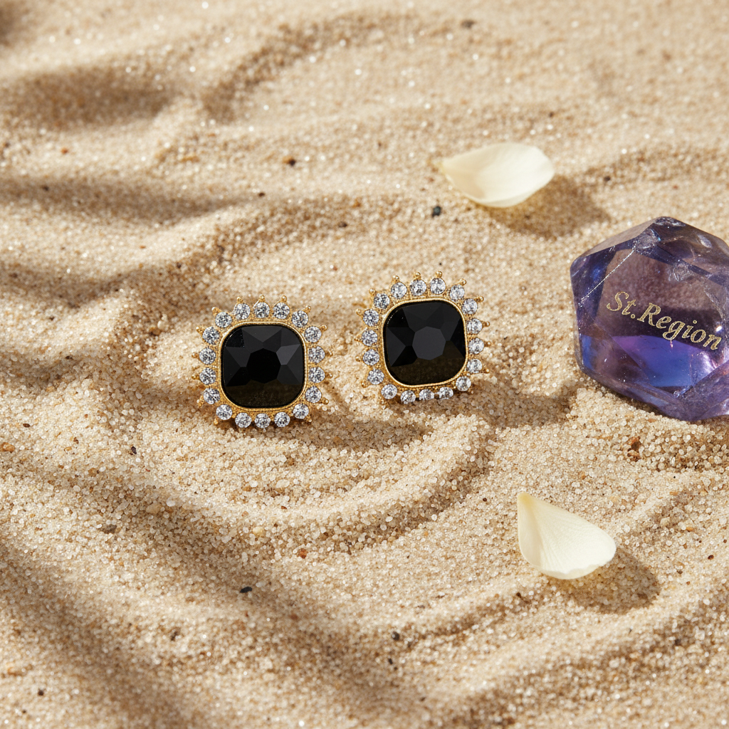 Black Crystal & Goldtone Square Halo Stud Earrings