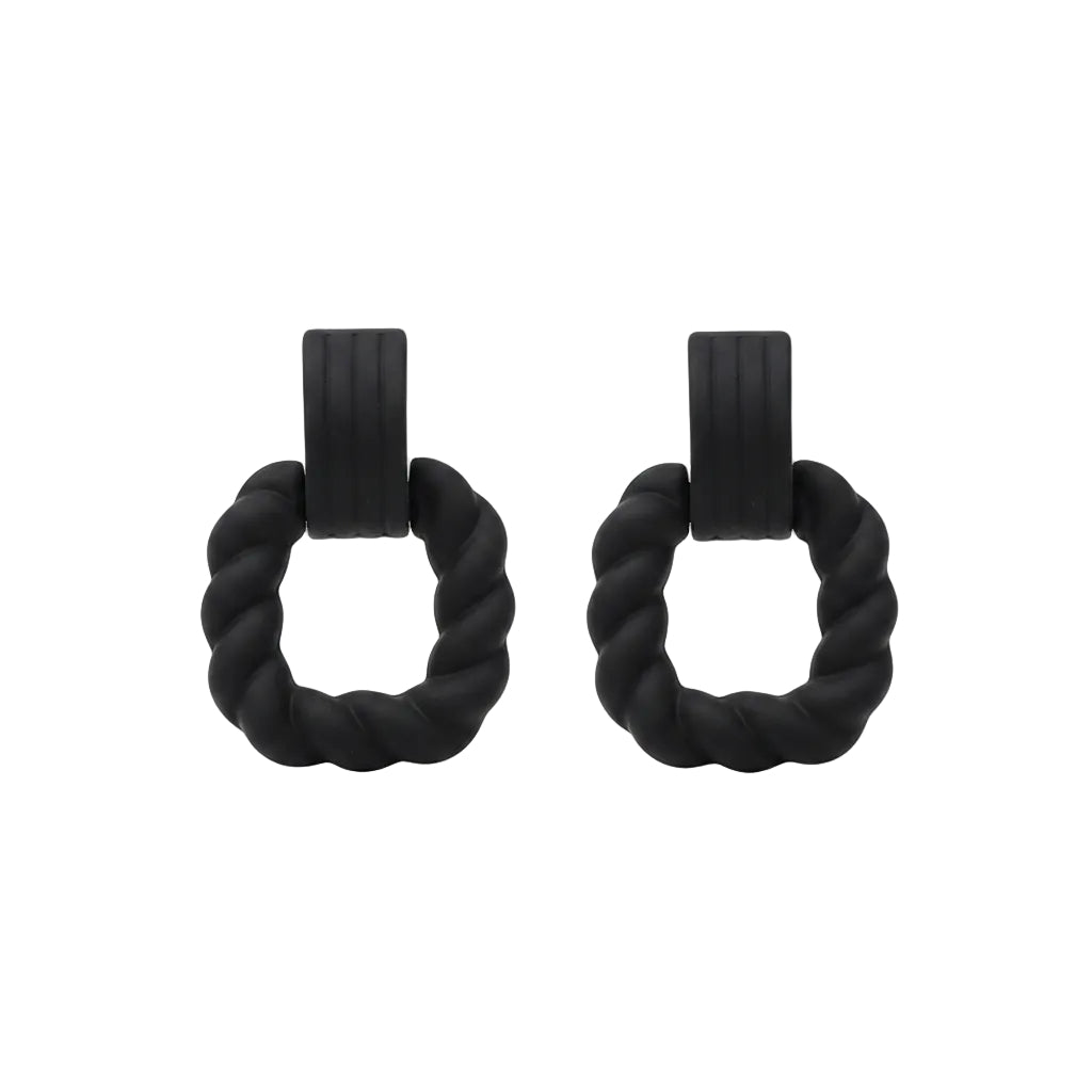 Black Resin & Silvertone Twine Square Drop Earrings
