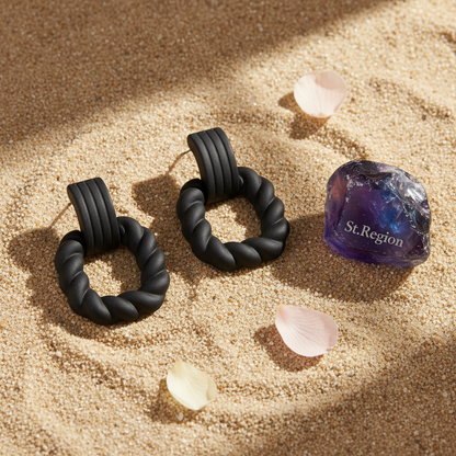 Black Resin & Silvertone Twine Square Drop Earrings