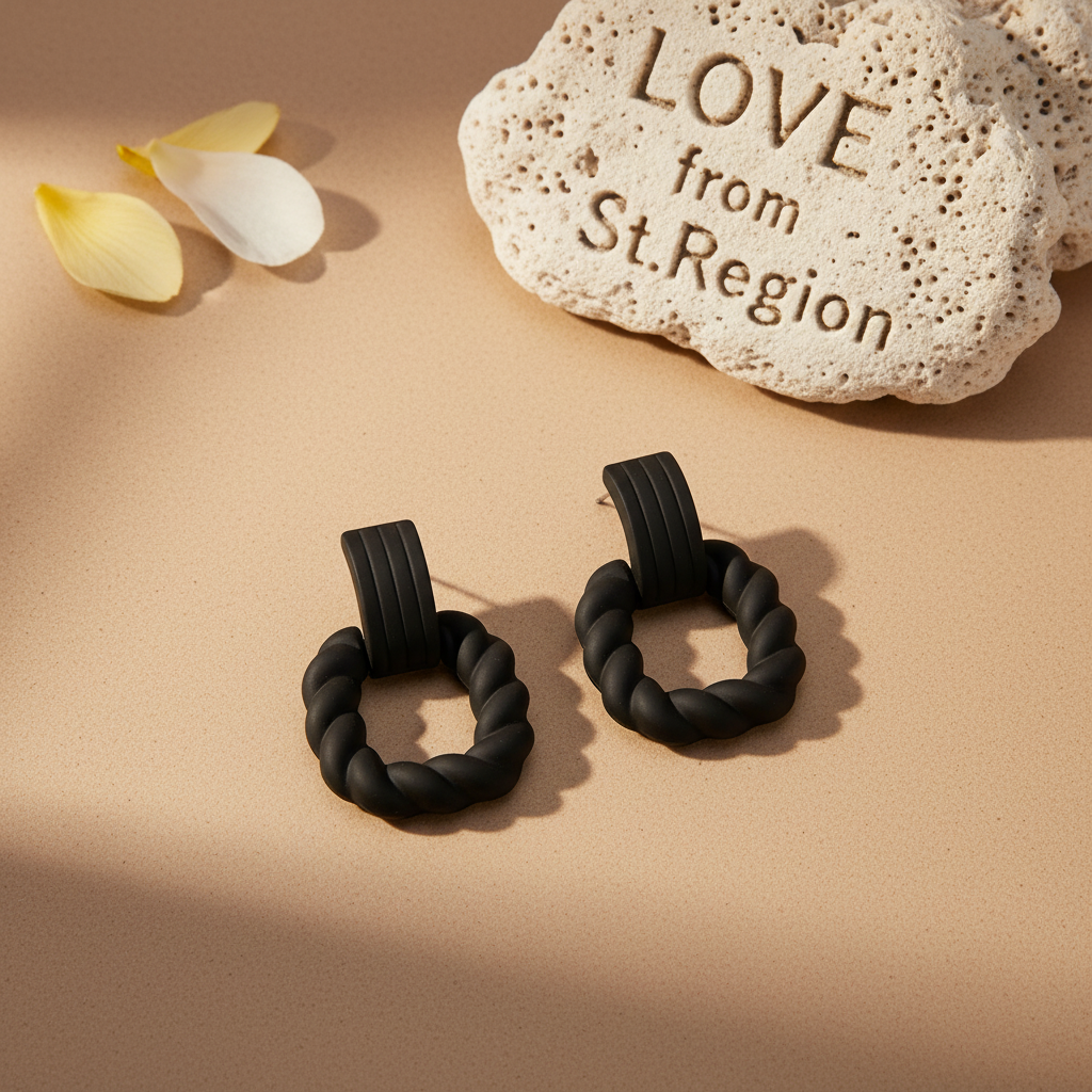 Black Resin & Silvertone Twine Square Drop Earrings