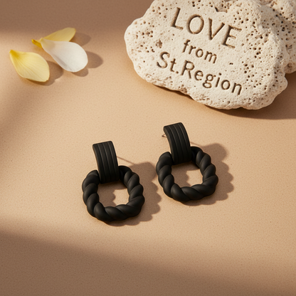 Black Resin & Silvertone Twine Square Drop Earrings