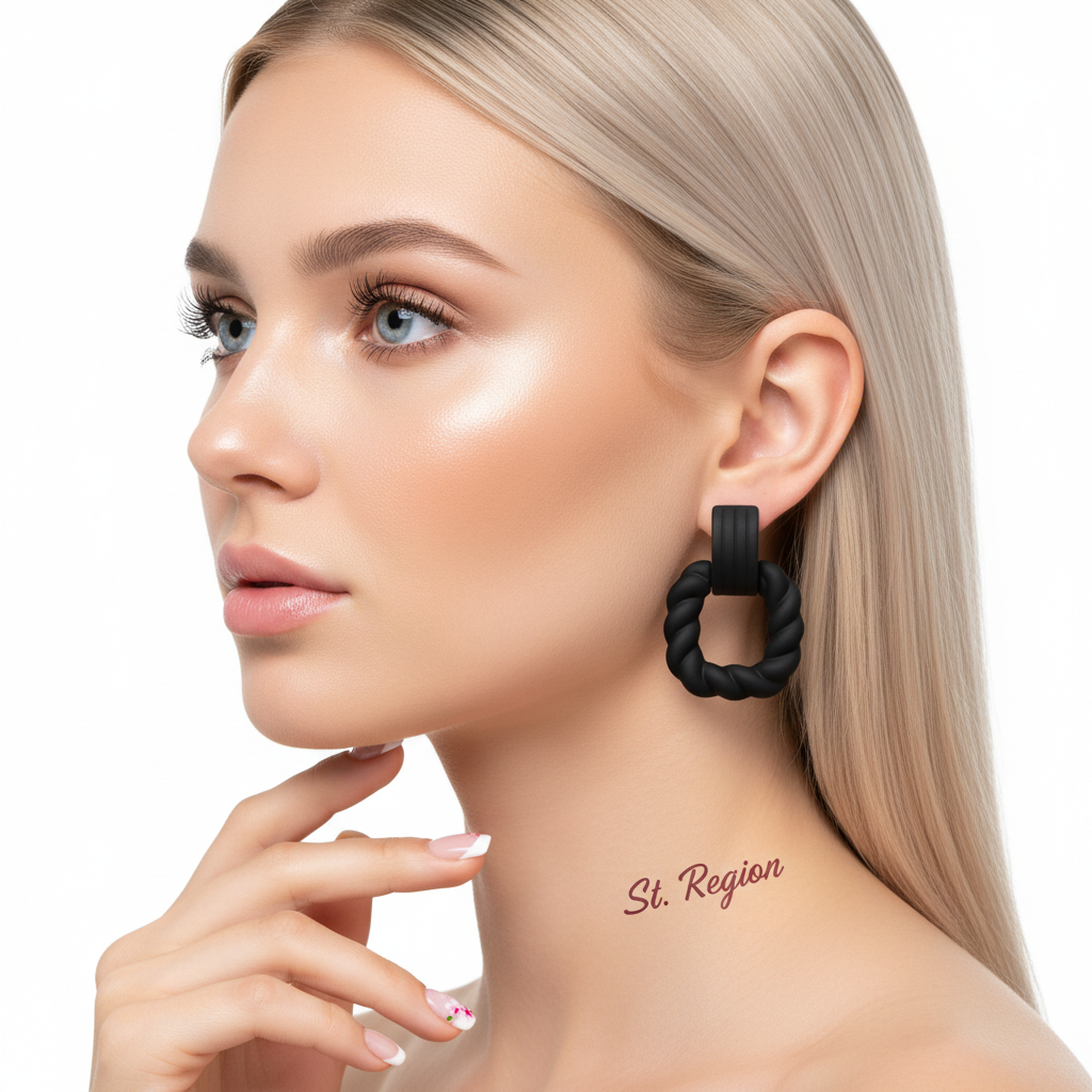 Black Resin & Silvertone Twine Square Drop Earrings