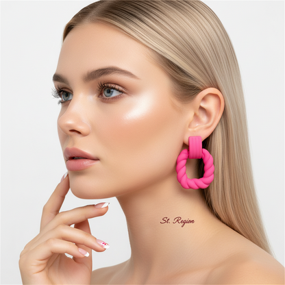 Rose Resin & Silvertone Twine Square Drop Earrings