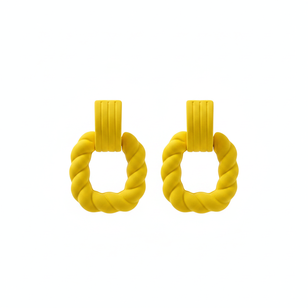 Yellow Resin & Silvertone Twine Square Drop Earrings