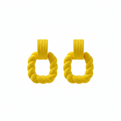 Yellow Resin & Silvertone Twine Square Drop Earrings