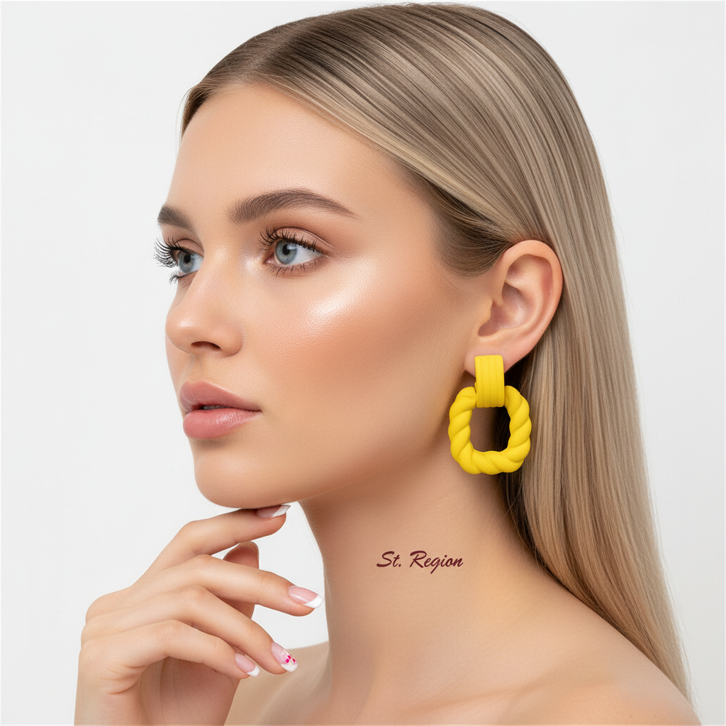 Yellow Resin & Silvertone Twine Square Drop Earrings
