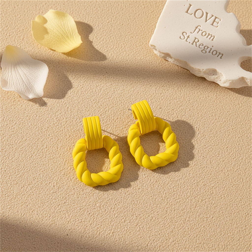 Yellow Resin & Silvertone Twine Square Drop Earrings