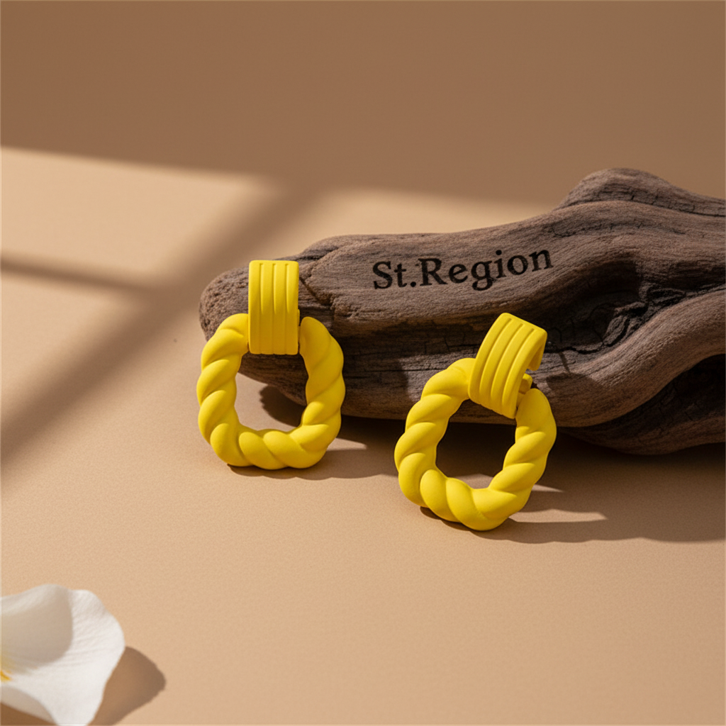 Yellow Resin & Silvertone Twine Square Drop Earrings