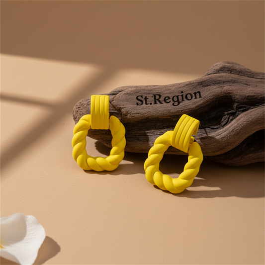 Yellow Resin & Silvertone Twine Square Drop Earrings