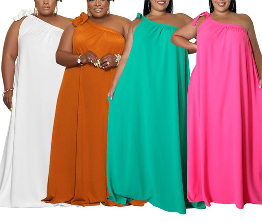 2023 Plus Size One Shoulder Solid Maxi Dress